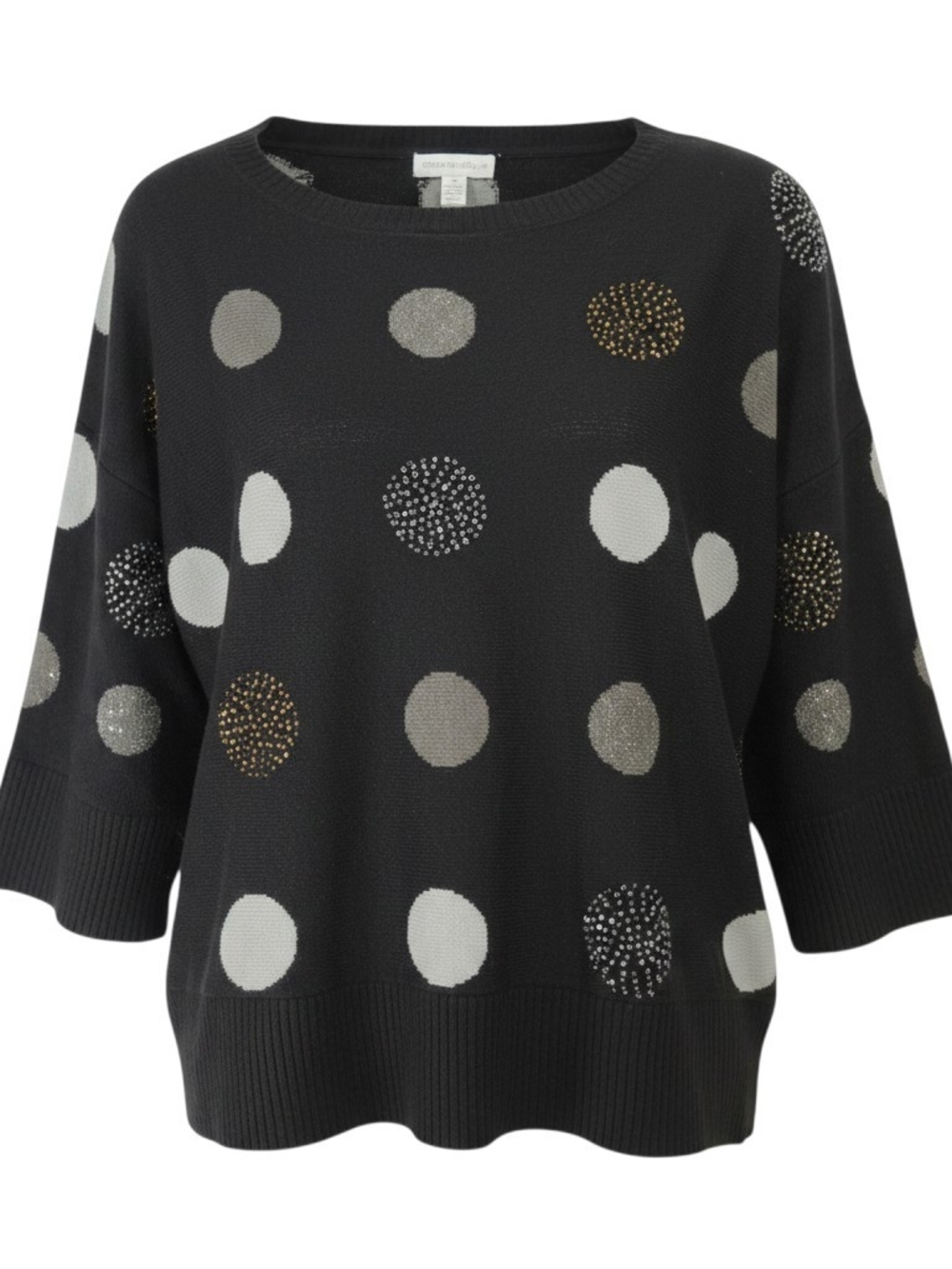 Charter Club Black Crewneck Sweater with White, Gray, Gold Polka Dots - Size M